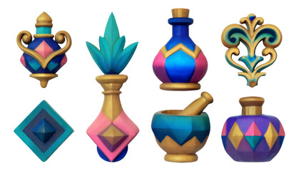 Colorful Fantastical Potion Bottles and Alchemical Symbols on Transparent Background