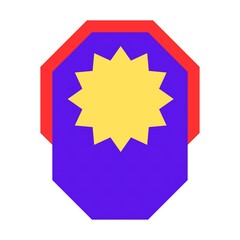Geometric abstract design featuring a yellow starburst on a purple octagon with red border