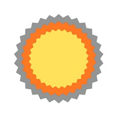 Abstract circular starburst emblem with concentric rings of yellow orange and gray tones