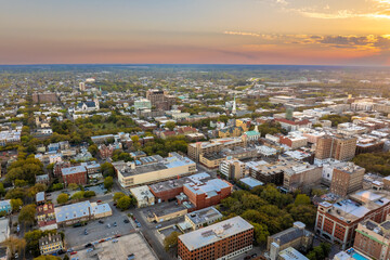 Aerial view of Savannah, old historical city in Georgia. Southern American architecture at night