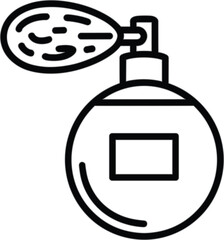 Perfume bottle with spray nozzle illustration, fragrance mist, cosmetic accessory design, elegant fashion symbol, black and white vector graphic