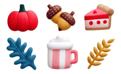 Autumn Harvest Icons with Pumpkin, Acorns, and Cozy Cup on Transparent Background