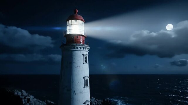 A lonely lighthouse on a rocky coast guides ships with its bright rotating beam on a moonlit night