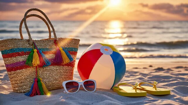 A colorful beach ball lies on the sand next to a stylish beach bag and yellow flip flops as the sun sets over the ocean. The beach scene captures a relaxed atmosphere filled with j