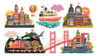 Obraz premium Enchanted Steampunk Cityscape in Isolated Transparent Background with Whimsical Elements