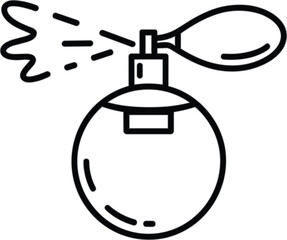 Vintage perfume bottle with bulb atomizer illustration, spraying fragrance mist, elegant cosmetic accessory, luxury fashion design, black and white vector