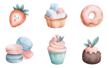 Cute Bakery Sweets Collection Featuring Strawberry Tart, Cookie Stack, and More