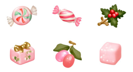 Cute Tiny Wrapped Candy and Soft Lollipop in Sweet Swirl Theme on Transparent Background