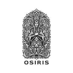 Egyptian God Osiris illustration with crook and flail surrounded by ornate floral ornament in traditional engraving style