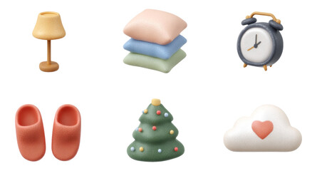 Cute Pastel Bedroom Items with Lamp, Pillows, Clock, Slippers, and Christmas Tree