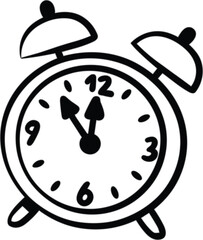 Analog alarm clock illustration showing eleven o’clock, vintage design, classic timepiece icon, black and white vector graphic
