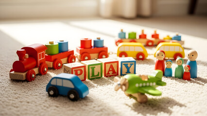 A colorful assortment of wooden toys including trains, cars, airplanes, building blocks and wooden doll figures are arranged on a carpet in a warm sunlight. The scene evokes a sense of joyful learning
