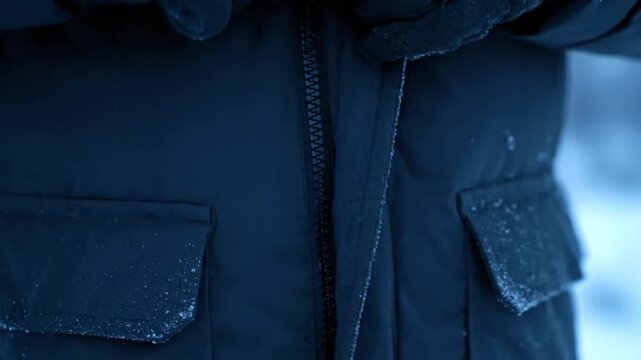 Close-up of a person zipping up a warm winter jacket in cold weather.