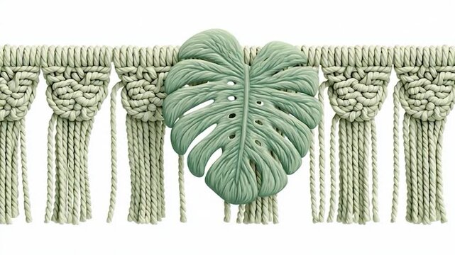 Bohemian Macrame Wall Hanging with Monstera Leaf Accent.