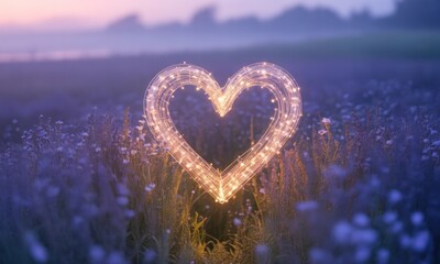 Fototapeta premium Glowing heart shape, illuminated by warm light, amidst a field of purple flowers at dawn or dusk. Soft, ethereal atmosphere