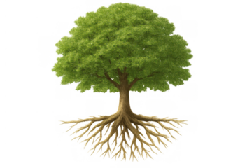 Green tree with exposed roots showing ecology, environment, nature, growth, and life on transparent background