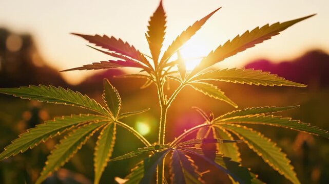 Bright sunlight filters through the vibrant green leaves of a cannabis plant, revealing their intricate details. This cannabis plant stands proudly in the warm glow of the setting