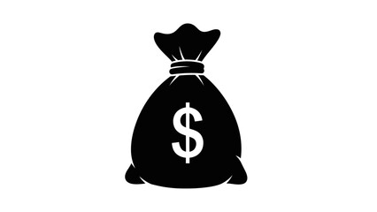 Black silhouette icon of a money bag with a dollar sign Keywords: money, bag, cash, finance, wealth, currency, dollar, symbol