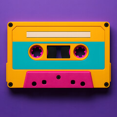 Vibrant Retro Audio Cassette Tape on Purple Background. Nostalgic 80s 90s Music Technology.