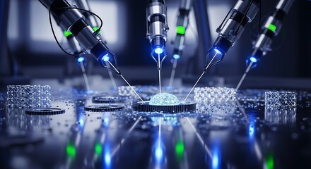 Robotic arms precisely working on a glowing AI brain on a futuristic circuit board