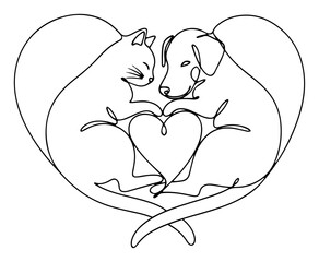 Continuous line drawing of a cat and dog nose to nose inside a heart