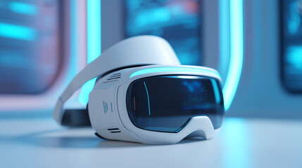 White VR virtual reality headset on desk with blurred neon background