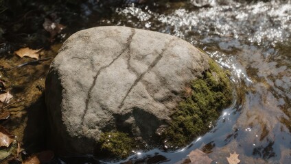 Obraz premium Mossy Rock with Cracks in Flowing Stream Water.