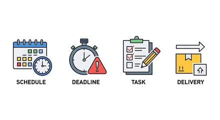 Icons representing schedule, deadline, task, and delivery management.