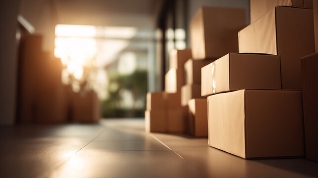Blurred moving day background with cardboard boxes in empty room