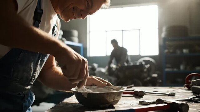 A happy senior mechanic in overalls mixing putty in a bowl in his sunlit auto repair workshop