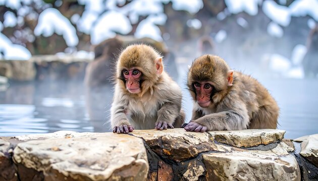 Two young snow monkeys in a hot spring