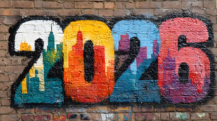 Colorful 2026 Graffiti on Brick Wall