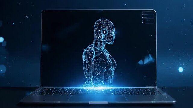 Futuristic AI agent bot flying out of a digital laptop. Robot assistant concept in tech wireframe style, perfect for artificial intelligence, automation, and virtual helpers. 4k video