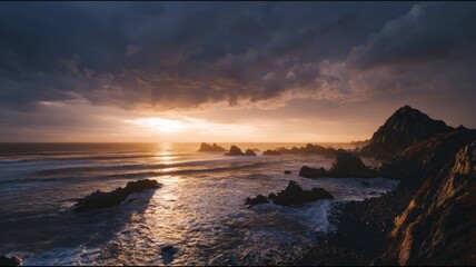 Dramatic coastal sunset over rocky shoreline. AI generated