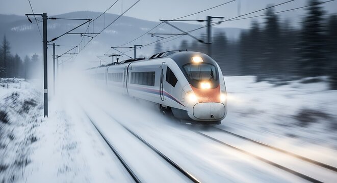 High-Speed Train Journey Through a Snowy Winter Landscape.