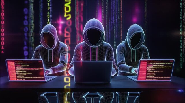 Abstract polygonal hacker with laptop on technology dark background. Cyber attack and cyber security concepts. Computer hacking. Digital technology. Man in hoodie. 3D low poly  4k video