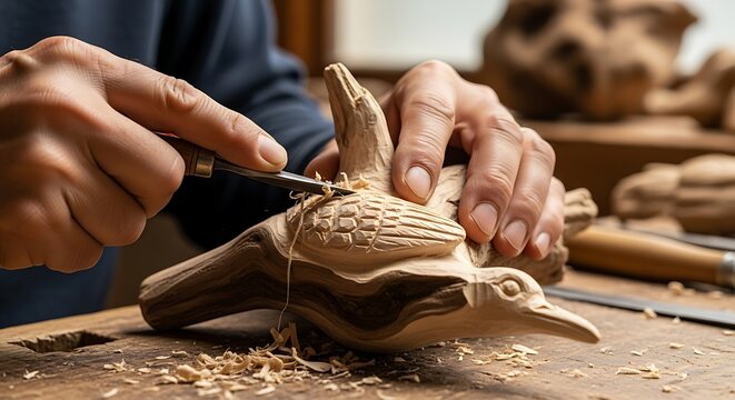 Close-up artisan carving wooden bird with detail and focused precision