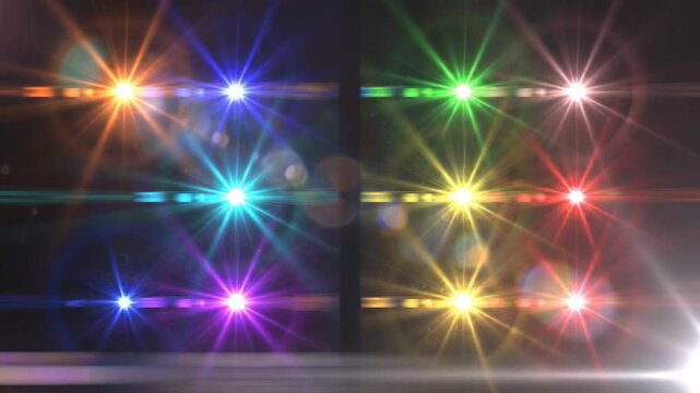 Eight Lens Flares Vertical Columns. Multicolor Starburst Pattern Grid. Abstract Digital Light Effect.