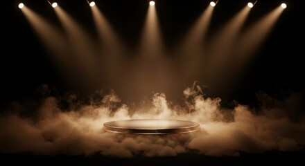 Golden Podium Under Spotlights with Warm Smoke, Dramatic Abstract Exclusive Product Display: Award Ceremony Backdrop, Cinematic Presentation, Minimalist Vertical Mockup.