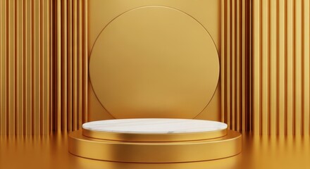 White Marble Podium on Gold Base in Fluted Niche, Luxurious Minimalist Product Display Showcase: Exclusive Cosmetic Presentation, Elegant Architectural Backdrop, Modern Vertical Mockup.