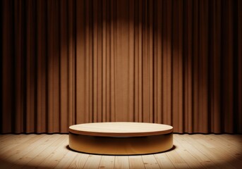 Natural Wood Podium on Floor Against Brown Curtain, Minimalist Theatrical Product Display Stage: Home Decor Showcase, Simple Aesthetic Presentation, Warm Vertical Mockup.