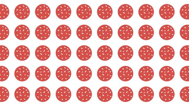 Repeating pattern of pepperoni slices on a white background suitable for food packaging design, kitchen decor, restaurant menus, and food blogs.