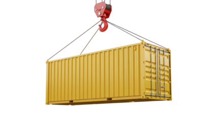Shipping container lifted by crane hook ready for global trade, yellow metal box for import and export