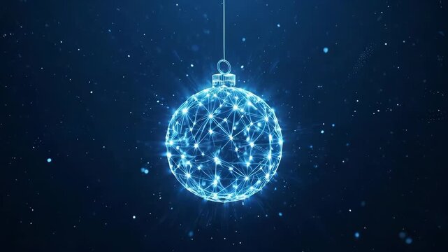 Christmas tree decorations ball. Technology blue background. Happy New Year concept. Xmas glass globe toy with polygons. Low Poly wireframe 4k  video Tech web banner and presentation bg