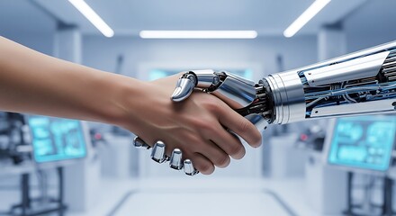 Human and Robot Handshake in Futuristic Laboratory Setting.