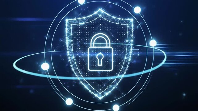 Security Shield. Digital technology protect sign. Cyber security and information or network protection in polygon, lines and geometric shapes. Low poly wireframe  4k video 