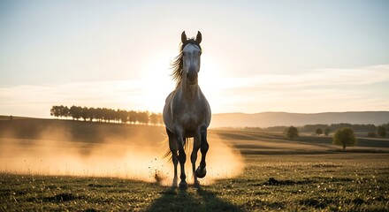 Majestic horse galloping freely across a golden field at sunset.