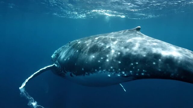 Underwater Close-Up of Colossal Sperm Whale Swimming. Massive Whale in Dark Sapphire Ocean Depths. Ethereal Light on Sperm Whale's Mottled Skin.