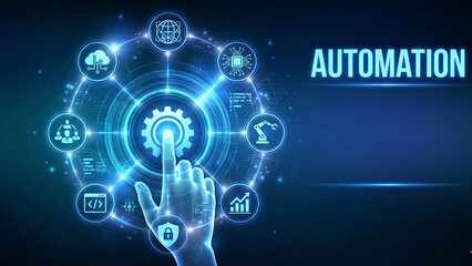 Fototapeta premium Automation Software. IOT and Automation concept as an innovation, improving productivity in technology and business processes. Robotic hand touching digital interface. Vector ai
