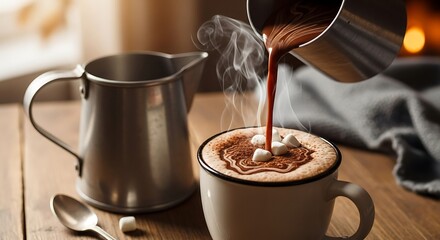 Pouring Hot Chocolate with Marshmallows into a Mug.